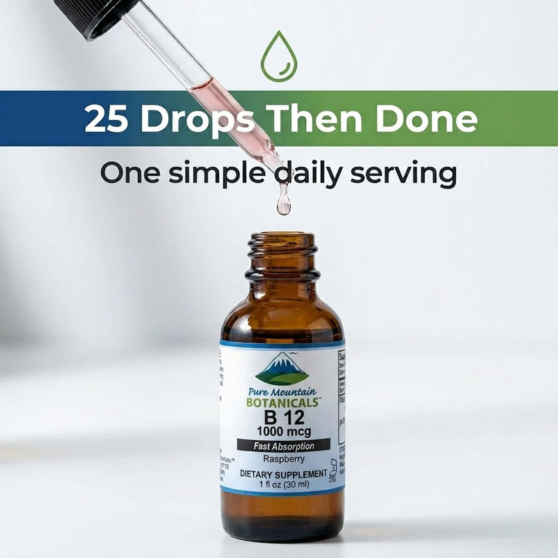 Pure Mountain Botanicals B12 1000 mcg - B12 Complex - Natural Berry Flavor - 30 Servings - Liquid Drops Vitamin - Kosher Supplement 1 Fl Oz (Pack of 1)