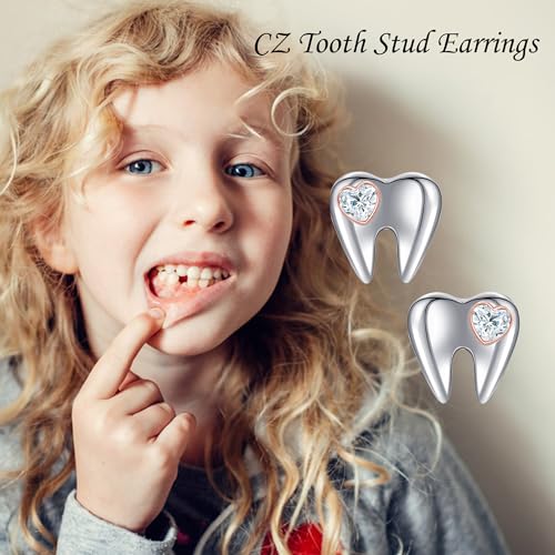 YAFEINI Tooth Earrings Dental Gifts 925 Sterling Silver Heart Tooth Stud Earrings Tooth Jewelry for Women Girls tooth cz earrings