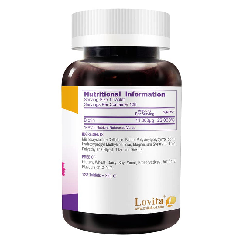 LOVITA Biotin 11,000 mcg, 128 Vegan Tablets | Hair Skin & Nails Vitamin B7, non-GMO, Gluten-Free, 128-Day Supply