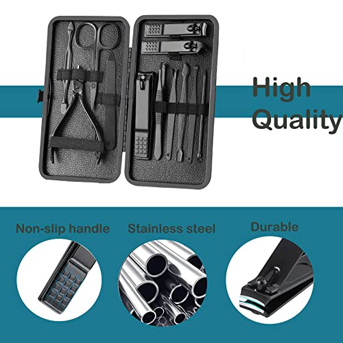 Manicure Set Nail Clippers Pedicure Kit -12PCS Stainless Steel Manicure Kit, Professional Mens Grooming Kits, Nail Care Tools with Luxurious Travel Leather Case Gift Box (12, Black) 12