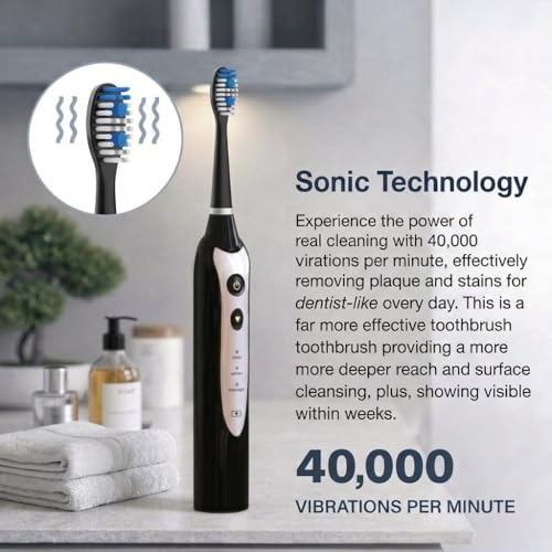 Sonic Electric Toothbrush for Adults - Rechargeable Power Toothbrush with 5 Soft Bristle Heads, Travel Case, 3 Cleaning Modes & Smart Timer, IPX7 Waterproof (Black) Black