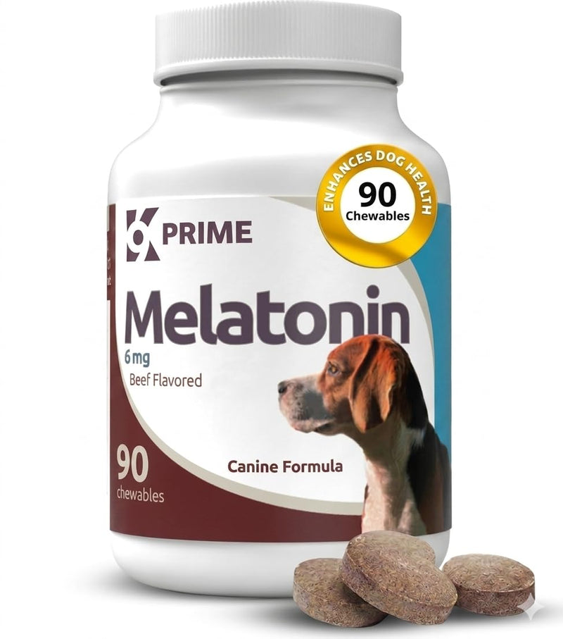 Prime Melatonin for Dogs, Calming Chewable Tablets - Beef Flavored, 6mg 90 Count - Supports Relaxation & Composure for All Dog Breeds