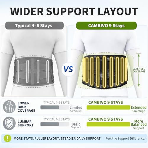 CAMBIVO Back Brace with 9-Stay Adjustable Lumbar Support Belt, BS10 Black Large