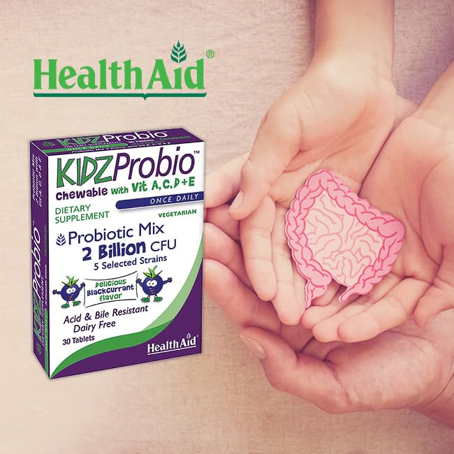 HealthAid KidzProbio Chewable Probiotic for Kids – 2 Billion CFU, 5 Strains + Prebiotic & Vitamins A, C, D & E – Supports Digestive & Immune Health – Blackcurrant Flavor, 30 Daily Tablets*