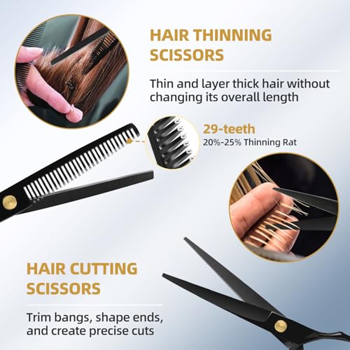 Hair Cutting Scissors Kit with Razor, Leather Case 2-scissors set Black