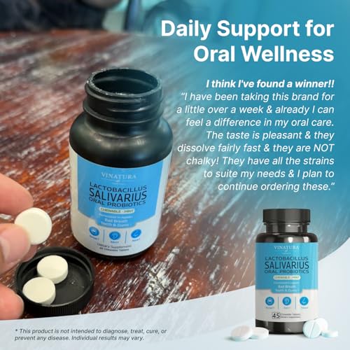 VINATURA Lactobacillus Salivarius Oral Probiotics - Mouth Bad Breath Treatment for Adults, Dental probiotics for Teeth and Gums, Throat, Ear, Nose - 45 Chewable Mint Tablets