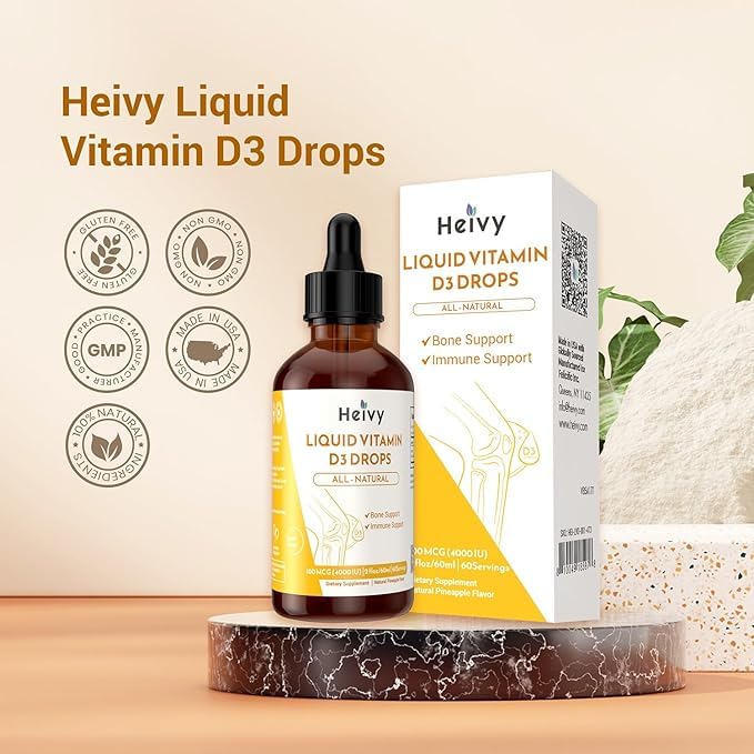 Heivy Liquid Vitamin D Drops 4000 IU (100 mcg), Vitamin D3 for Bone Health Support, Pineapple Flavor Vegan VIT D3 Drops, Made in USA, 60 Servings 2 Fl Oz (60ml)