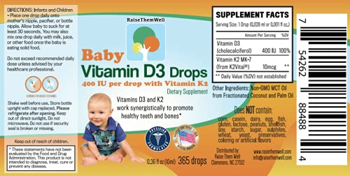 Raise Them Well- Vitamin D and K Drops for Bone and Teeth Health, 365 Servings, 0.36 fl/oz | D3 and plant-based K2 MK-7 support calcium absorption, bones and healthy teeth | Flavorless formula designed for little ones