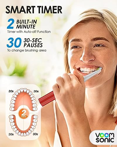 Voom Sonic Go 1 Series Travel Electric Toothbrush + 4PK Brush Heads, Travel Toothbrushes - Battery Operated Toothbrush for Adults & Kids, Portable with 2 Minute Timer (Metallic Red)