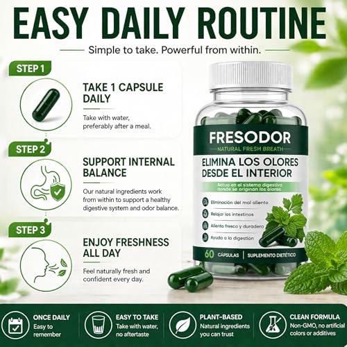 Fresodor para Mal Aliento, Internal Body Deodorizing Supplement with Chlorophyll, Peppermint, Parsley, Eliminate Bad Breath from Inside Out, Gut Health, Natural Fresh Breath Capsules, 60 Counts 1