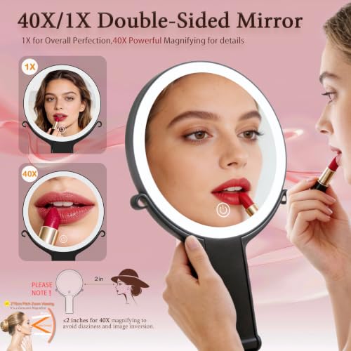 Travel Makeup Mirror with Lights & Foldable Stand, 6" Double Sided 1X/40X Magnifying Portable Lighted Hand Mirror for Men Women, 1X Full Face & 40X POWERFUL Magnification Only for Details Checking Black.1x/40x