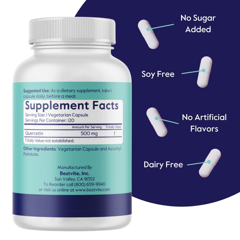 BESTVITE Quercetin 500mg (120 Veg Caps) - No Stearates - Vegan | No Silicon Dioxide - Non GMO - Gluten Free - Immune Support* - Respiratory & Antioxidant Support* 120 Count (Pack of 1)