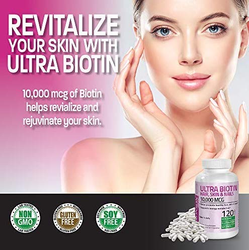 Bronson Ultra Biotin 10,000 mcg Hair, Skin & Nails, 120 Vegetarian Capsules | Once-Daily, Energy Metabolism Support, Non-GMO, Gluten-Free & Soy-Free 120 Count (Pack of 1)