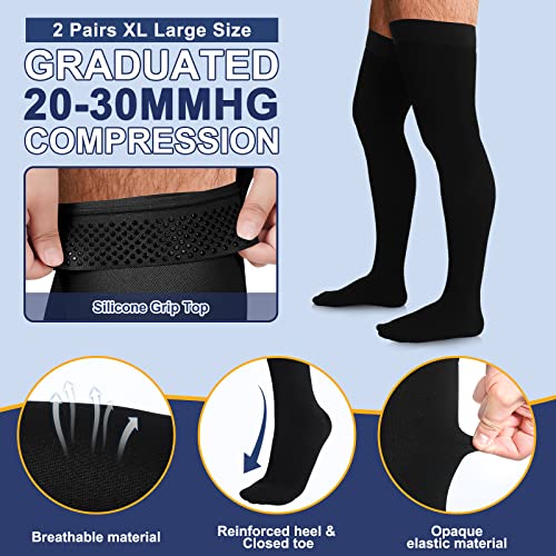 Zhanmai 2 Pairs Thigh High Men's Compression Socks 20-30 Mmhg Compression Stocking with Silicone Grip Men's Dress Socks (3X-Large) 3X-Large