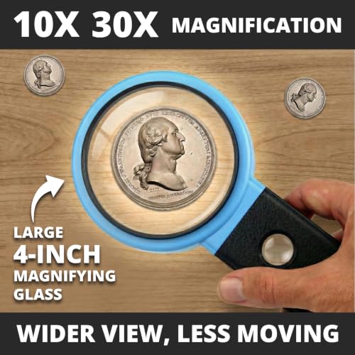30x 10x VisionAid Hands-Free Magnifying Glass with Stand, Bright LED Light, Sturdy Storage Case - Handheld Magnifier for Reading Battery Powered - 36 Ultra Bright LED with Case
