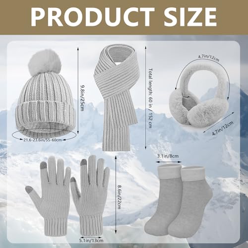 5 Pcs Womens Hat Scarf Gloves Set Winter Beanies Ear Muffs Touch Screen Gloves Knit Fuzzy Fleece Skull Cap Gifts Grey
