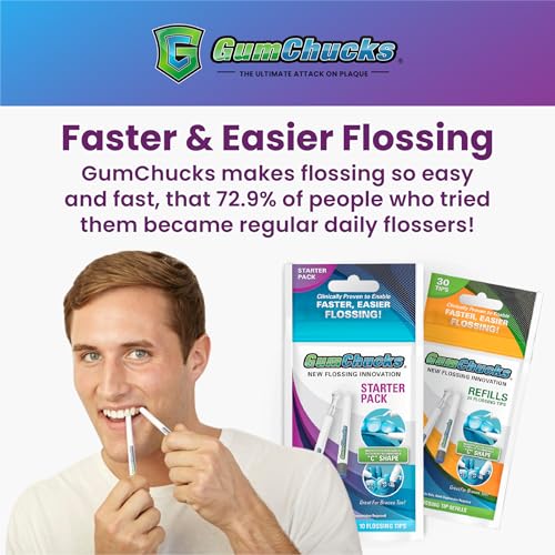 GumChucks Refill Tips - Floss Picks for Braces & Tight Teeth – Reusable Dual Handle Flosser – No Hands in Mouth - Easy for Kids, Adults & Seniors (90 Tips) Refill Tips (90)