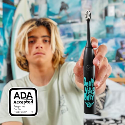 Made by Dentists Sonic X Electric Toothbrush – Rechargeable Kids Sonic Toothbrush, 8X Plaque Removal, 2 Speed Modes, 2-Minute Timer 6 Brush Heads Included, Tweens Ages 7+, Good Vibes Only Edition Black and Blue