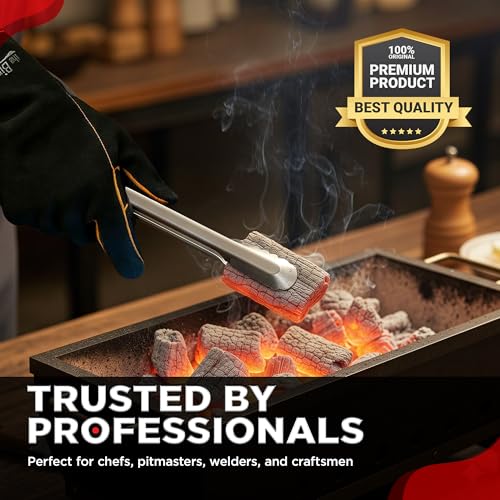 The Bincho Grill Fire Heat Resistant Gloves – 14 Inch 932°F Fireproof Leather Fireplace & BBQ Gloves for Grill, Oven, Wood Stove, Campfire, Welding (MIG/TIG) - Heavy-Duty