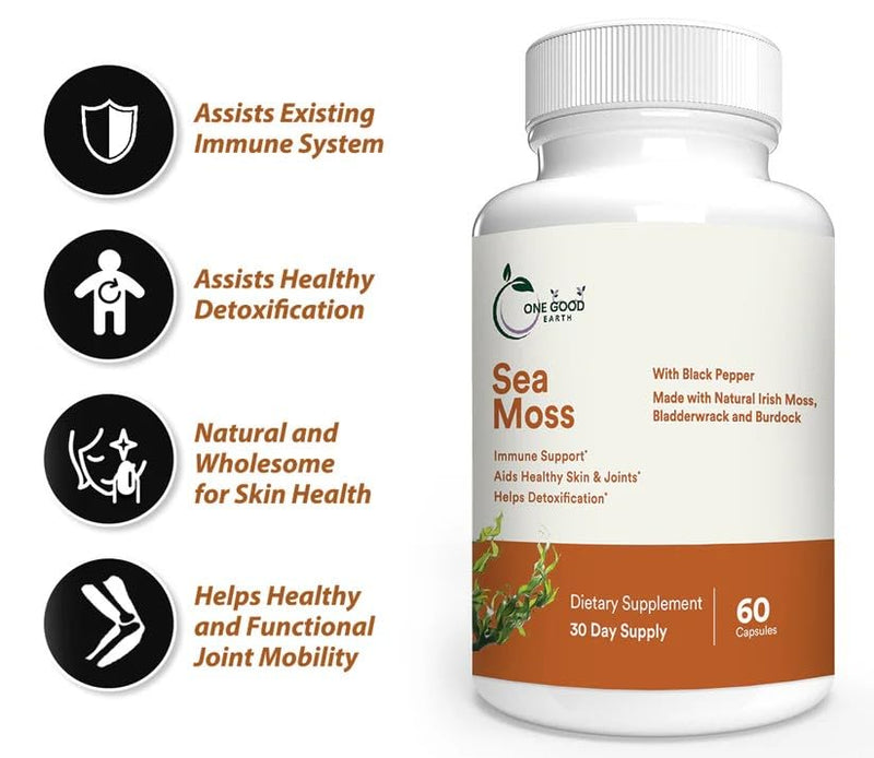 Sea Moss (60 Capsules) with 1405mg of Irish Moss Bladderwrack Burdock Black Pepper Extract Calcium Magnesium Potassium Zinc Selenium Iodine with Vitamins A, B2, C, B9 and K