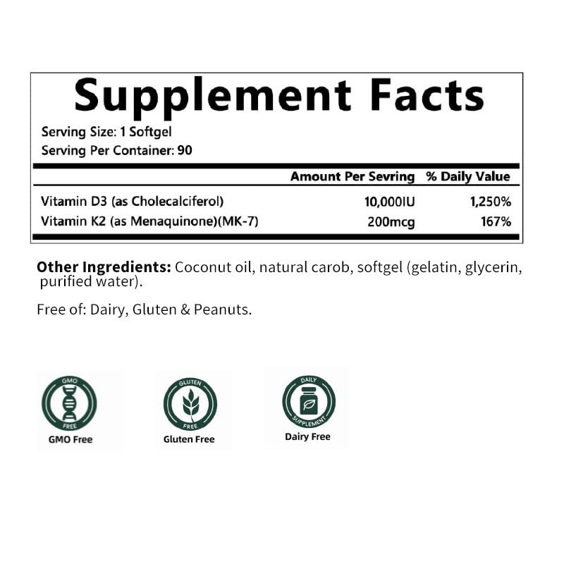 Vitamin D3 K2 Supplement Softgel with Coconut Oil, D3 10000 IU K2 200 mcg, Supports Calcium Absorption, Bone, Immune, & Heart Health 90 softgels 90 Count (Pack of 1)