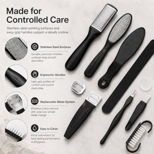 10-in-1 Pedicure Kit with Foot Files and Callus Shaver, Black
