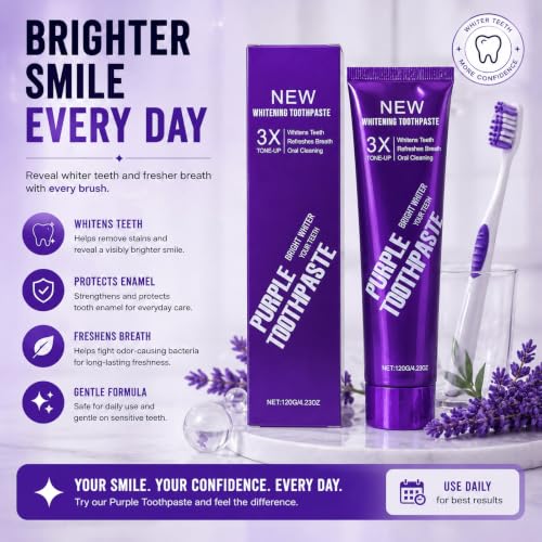 Teeth Whitening Purple Toothpaste, 3X Whitening Formula for Bright Smile,Enamel Safe, Sensitive Teeth Friendly, Fluoride Toothpaste with Fresh Breath for Coffee Tea Stains. (Pack of 2pcs) 2.12 Fl Oz (Pack of 2)