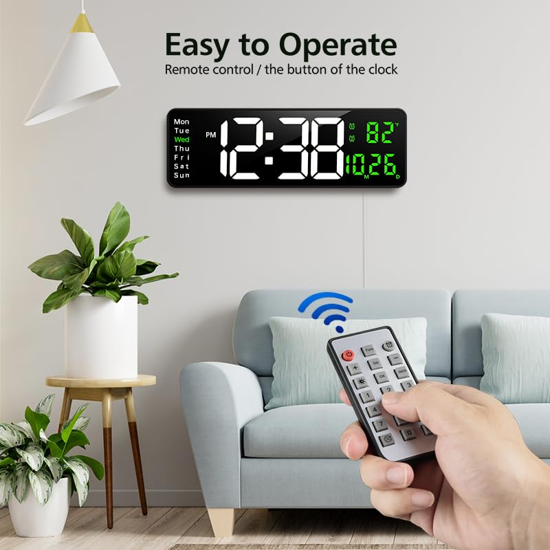 Zgrmbo 16-inch Digital Wall Clock with Remote Control, Large Display Digital Clock with Date, Indoor Temp, Week, 12/24H, Auto Dimming, A Wall Clock Suitable for Living Room, Warehouse, Shop, Gym White & Green