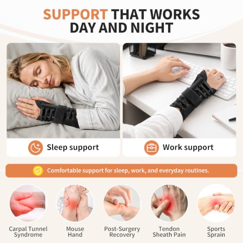 CAMBIVO Carpal Tunnel Wrist Brace with One-Hand Pull Lacing System, Black Matte Black Large/X-Large(Left Hand)