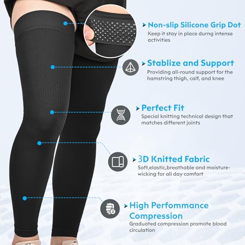KEKING Full Leg Compression Sleeves, 20-30mmHg Graduated, Unisex, Running All Black Large
