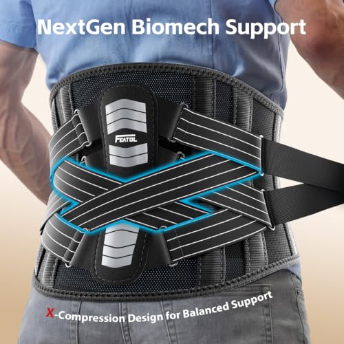 FEATOL Back Brace for Men Lower Back and Women, Removable Dual-Side Spine Lumbar Pad with Snug Fit, Adjustable Support Belt for Work, Gray, Size L 34.5-39" Large