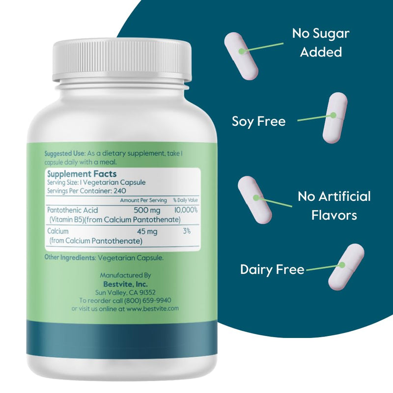 BESTVITE Pantothenic Acid 500mg (Vitamin B5) (240 Veg Caps) - No Stearates | Vegan - Non GMO - Gluten Free - Supports Cellular Energy* 240 Count (Pack of 1)