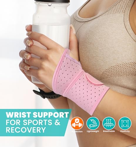 HiRui Wrist Wraps 2-Pack, Adjustable Breathable Wrist Support Brace for Men & Women – Pain Relief for Carpal Tunnel Syndrome, Tendonitis, Arthritis, Sports, Workouts – Fits Left & Right Hand (Pink) Pink