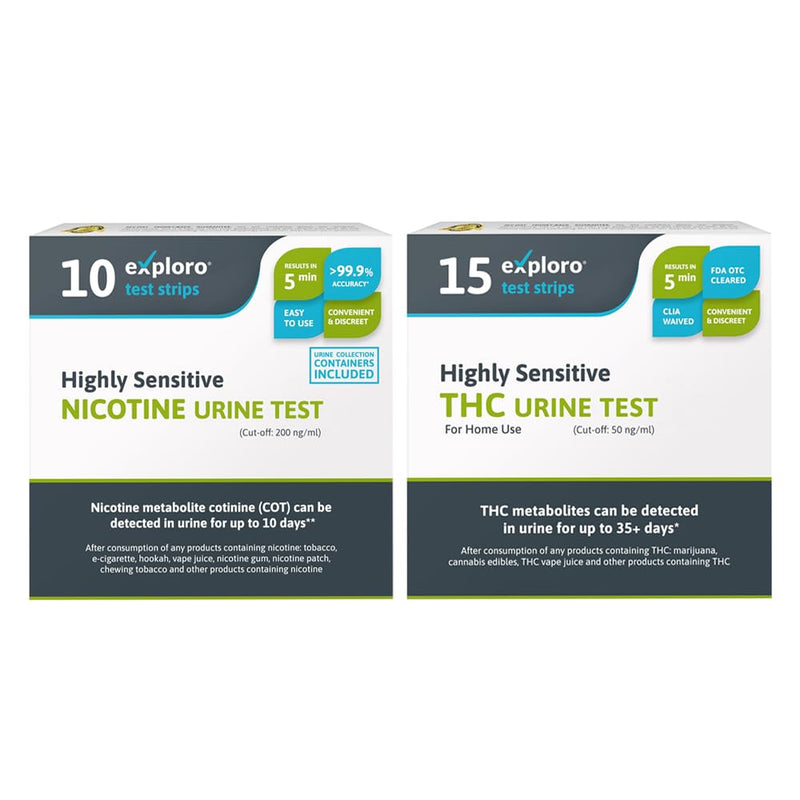 15-Pack Exploro Highly Sensitive at Home THC Drug Test Kit,THC Tests for Home 50 ng/ml + 10-Pack Nicotine Testing Kit at Home, cotinine Urine Test, Nicotine, nicotene Test & Vape Test for 200 ng/ml