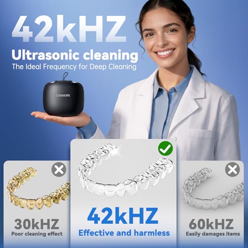 Ultrasonic Retainer Cleaner Machine, 42kHz Dental Cleaning Pod for Dentures, Aligners, Mouth Guards, Jewelry - IPX7 Waterproof Durable Removable Base and Top Cover, 3 Timer Settings (MatteBlack)