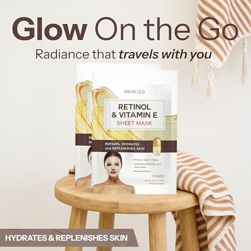 Skin 2.0 Retinol & Vitamin E Sheet Mask - Anti-Aging, Acne Scar & Hyperpigmentation - Hydrating, Dermatologist Tested Korean Skincare - Clean Beauty, Cruelty-Free, All Skin Types - 5 Masks Retinol and Vitamin E