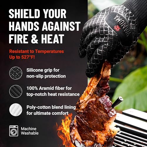 Long Heat Resistant BBQ Gloves - 1472°F Heat Proof Internal Cotton Lining, Non-Slip Silicone Grilling Gloves for Meat Handling, Barbeque, Cooking, XL Oven Gloves with Long Sleeve X-Large