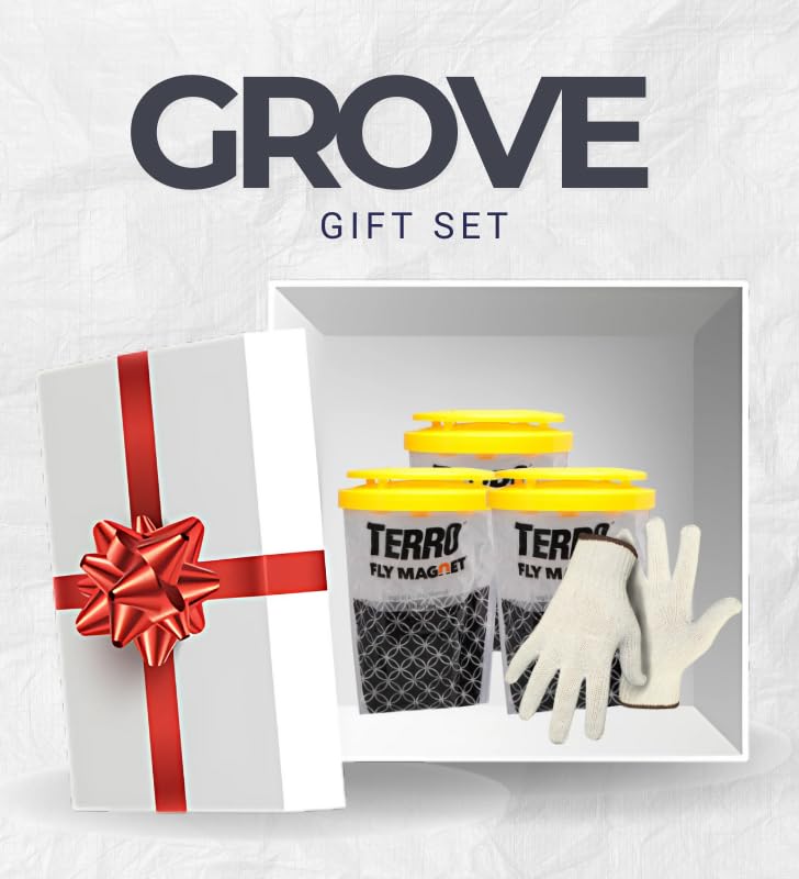 3X TERRO Fly Magnet Disposable Fly Trap 1 pk Bundle with Work Gloves – Outdoor Trap attracts and captures Common Flies; Simple Setup with no-Mess Disposal After use – Gift Set (4 Items)