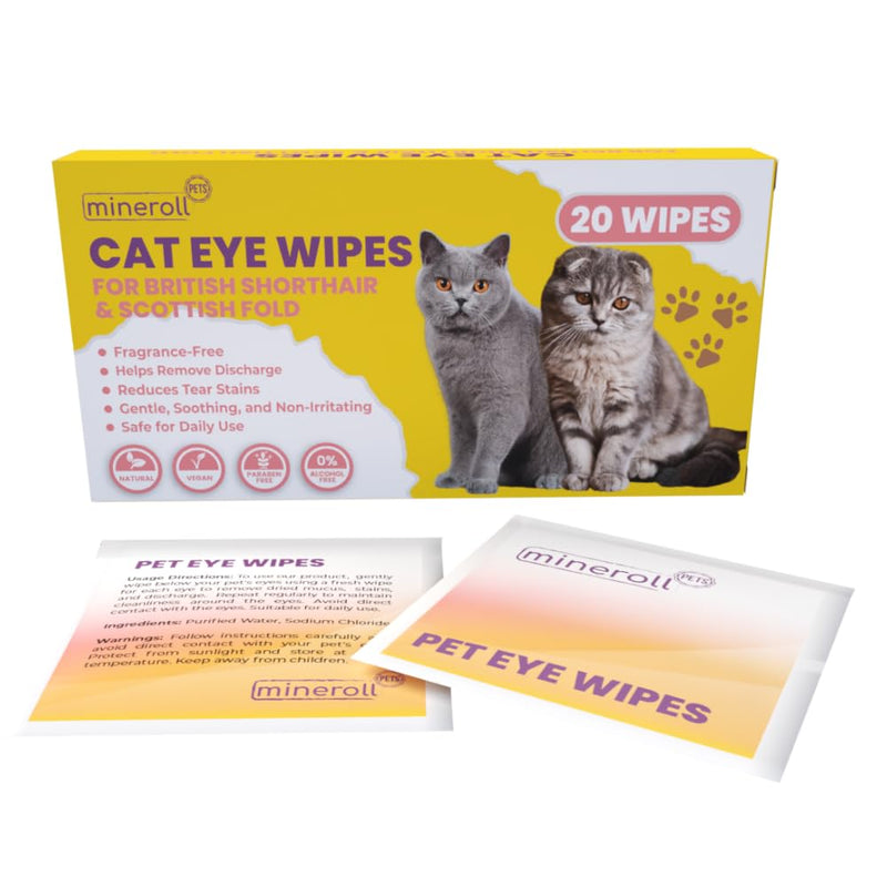 Cat Eye Wipes for British Shorthair and Scottish Fold - Individually Wrapped, Gentle Tear Stain Remover, Fragrance-Free, Alcohol-Free, Vegan, Soft Fabric - 20 Count