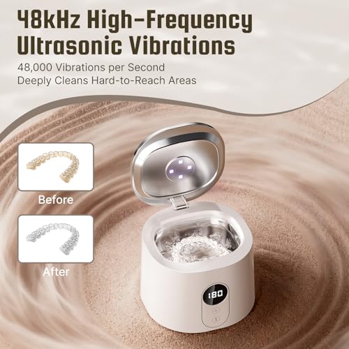 Ultrasonic Retainer Cleaner, 48kHz Dental Cleaning Pod with Digital Timer & 200ML Capacity for Dentures, Aligners, Night Guards,Mouth Guards, Braces, Toothbrush Heads &Jewelry (White) White