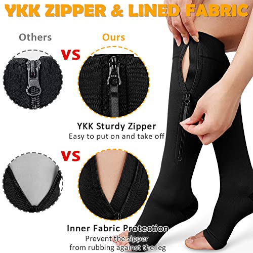CASMON 15-20mmHg Zipper Compression Socks for Women and Men, Knee High Compression Stockings, Medical Open Toe Support Socks for Varicose Veins, Post-surgery, Swelling, Nurses, Pregnancy (1 Pair) X-Large Black