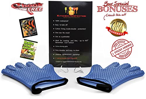 KITCHEN PERFECTION Silicone Smoker BBQ Gloves - Heat Resistant Oven Mitts Classic Blue One Size Fits Most