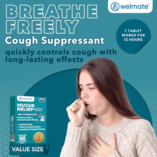 WELMATE Max Strength 12Hr Mucus Relief DM Cough Suppressant, 98 Tablets Mucus DM Relief - 1200 mg (98 ct)