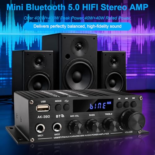 Stereo Amplifier Home Audio Receiver AK-390,AMP Speaker Bluetooth 5.0 Amplifier 400W+400W 2 Channels with 12V/3A Power Amplifier HiFi Amplifier FM Radio,(BT,USB, AUX, Mic)Input for Home Party Black-AK390