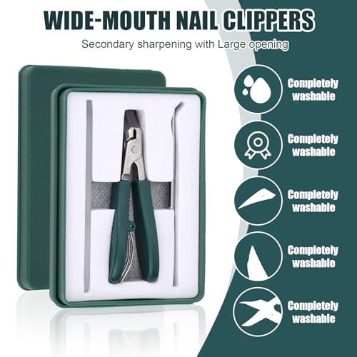 3pcs Ingrown Toenail Clippers Set, Professional Slanted Beveled Eagle Beak Curved Nail Clippers with File & Tear Tool for Thick Nails & Seniors (Green) Green, Silver
