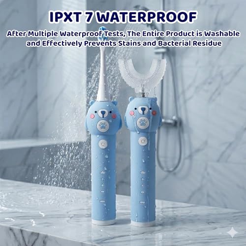 Kids Electric Toothbrush, with 4 Cleaning Modes, with 4 Brush Heads, Toddler U Shaped Toothbrush with 2 Soft Brush Head，Cartoon Bear 360-Degree Cleaning IPX7 Waterproof Design (Ages 2-16) Blue