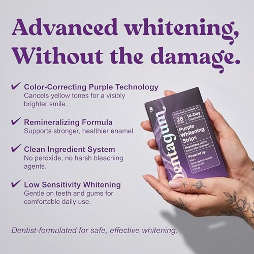 Purple Whitening Strips for Teeth - 28 Strips - Teeth Whitening Strips with Pap+ & Nano Hydroxyapatite - Enamel Safe, Low Sensitivity, Removes Stains Fast