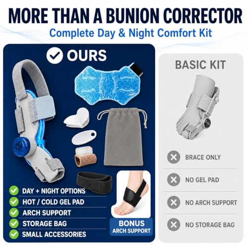 Bunion Corrector for Women & Men, All-in-One Bunion Fix Kit with Toe Separator, Arch Support & Hot Cold Gel Pad, Adjustable Bunion Splint Big Toe Straightener for Hallux Valgus Relief Day Night Use (1) 1