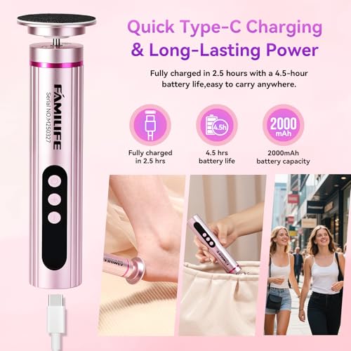 FAMILIFE Electric Foot File Callus Remover – Rechargeable Pedicure Tool with Display Screen, Replaceable Sandpaper Discs, Forward & Reverse Rotation, for Men and Women