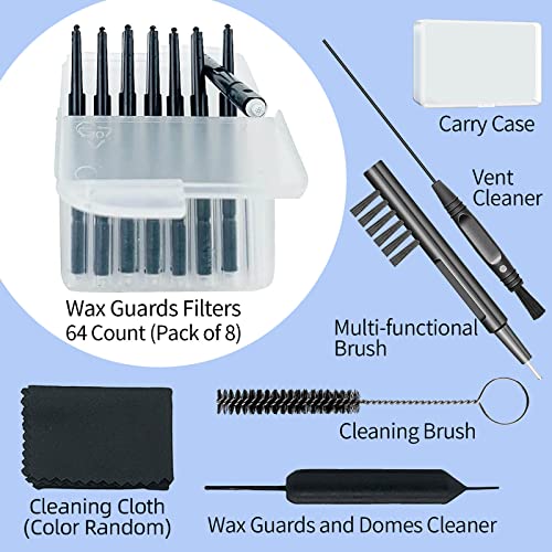 (8Packs) Hearing Aid Wax Guard Filters (64 Units) Replacement Wax Cerumen Stop Wax Traps for Phonak, Widex, Unitron and Resound - 5 Pieces Hearing Aid Cleaning Kit Accessories with Carry Case 64 Count (Pack of 8)